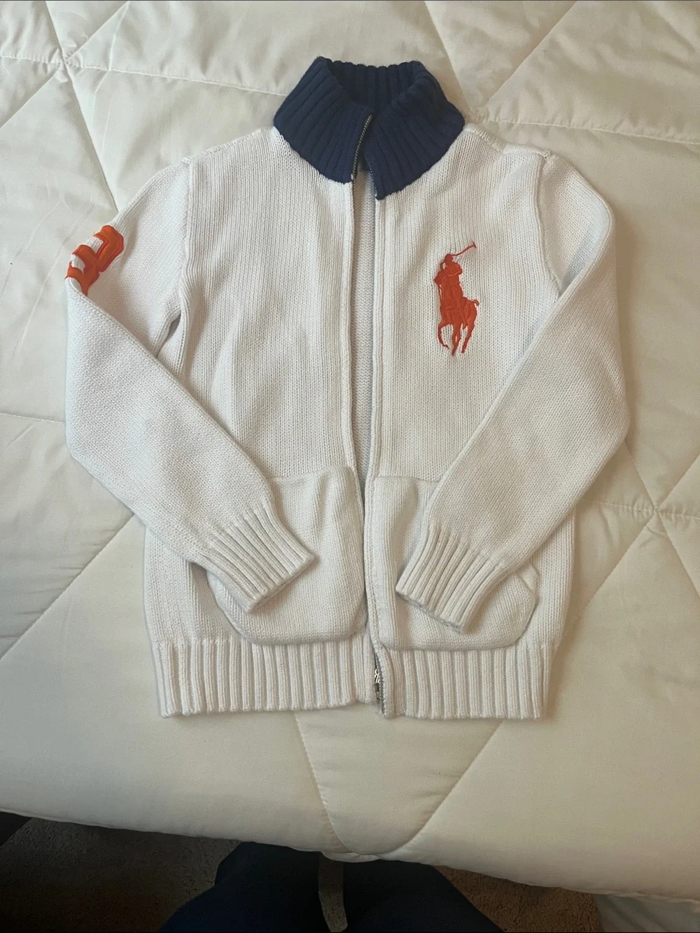 Ralph Lauren White Zip Knit Sweater with Navy Collar and Orange Logo